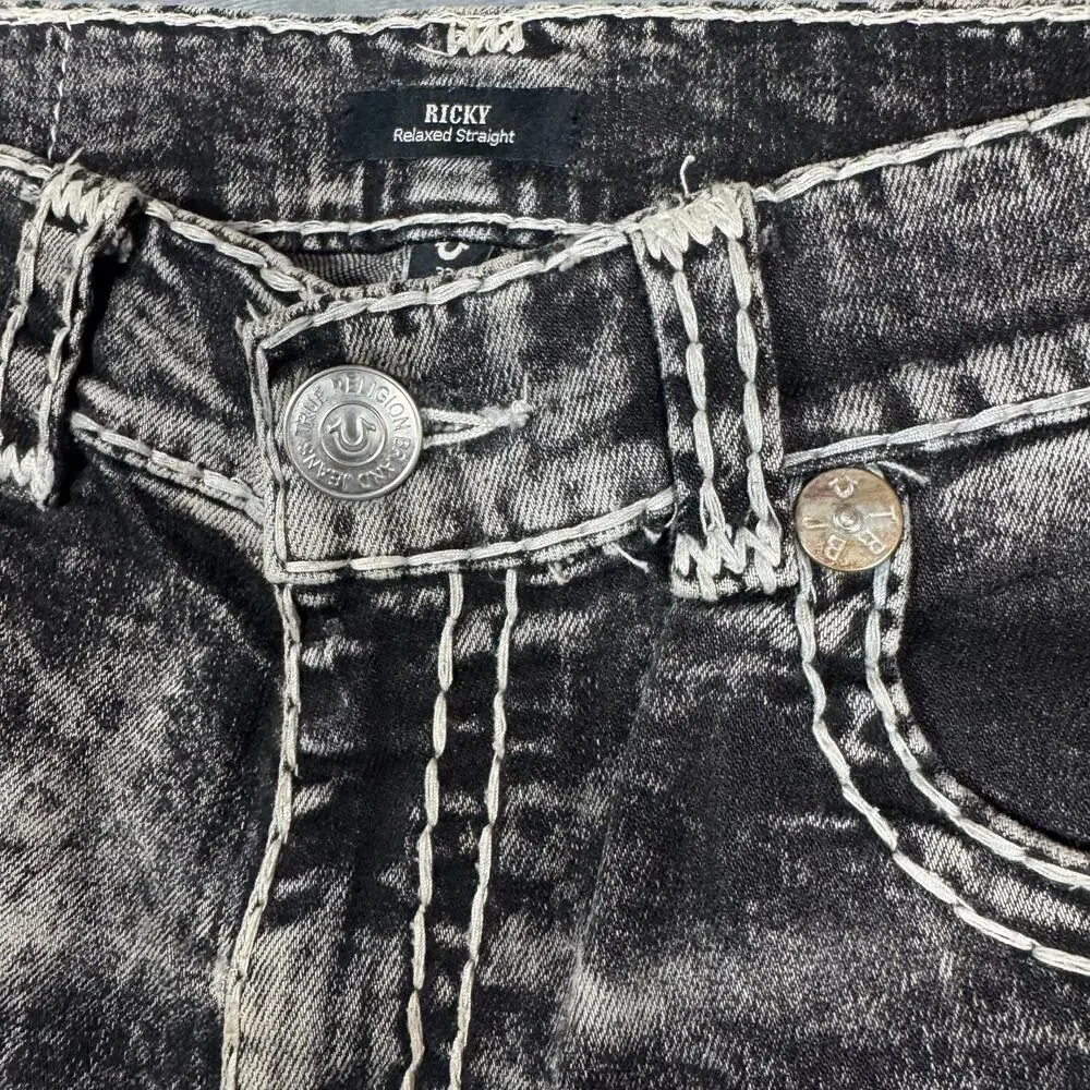 True Religion Ricky Relaxed Straight Acid Wash Black Jeans 33 Stitch